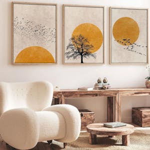 Tableau nature stylisée – soleil et oiseaux (lot de 3)